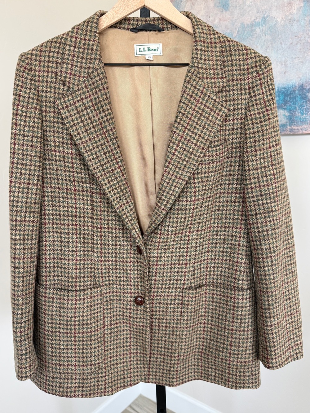Vintage L.L.Bean Womens 14 Wool Lambswool Tweed Blazer Made USA Plaid Equestrian